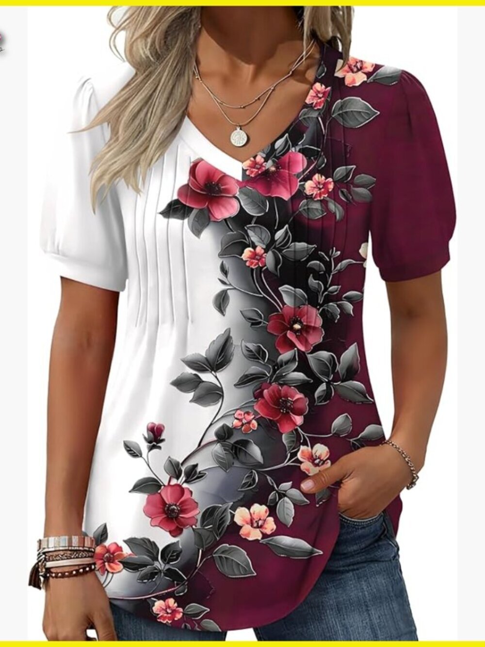 Puff Sleeve Boho Blouse V-Neck Pleated Tunic Top Floral Summer Casual